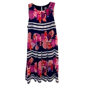 Vince CAMUTO Floral and Striped Pleated Sleeveless Knee Length Shift Dress XS